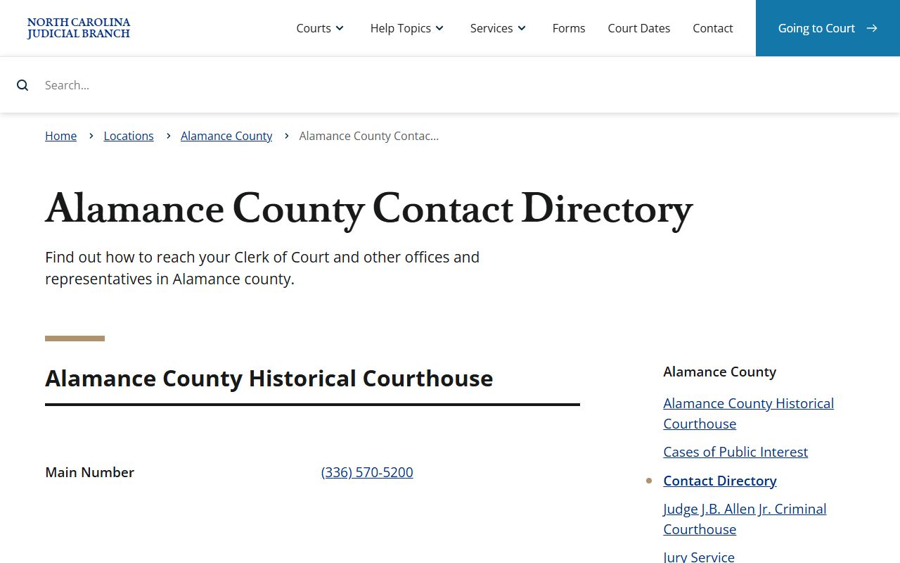 Alamance County court docket contact directory for court offices