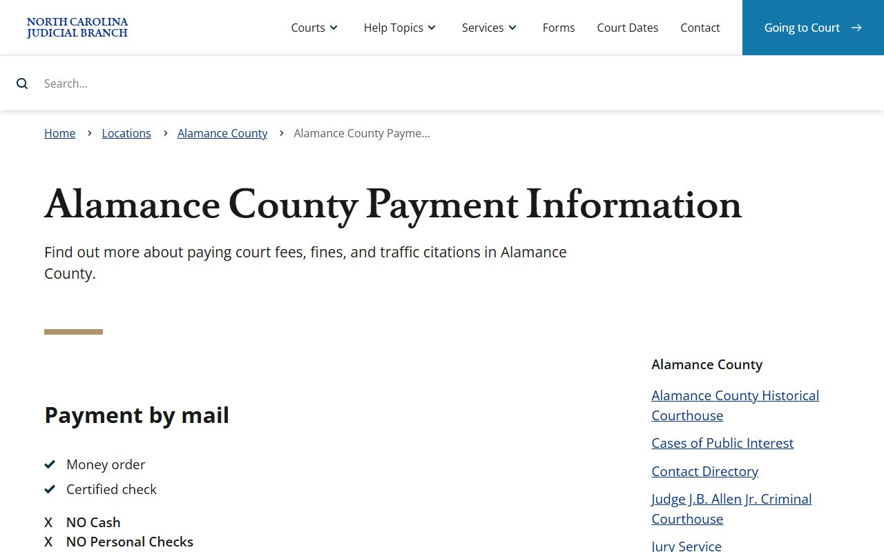 Alamance County court docket payment information and accepted methods