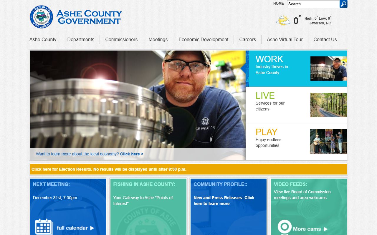 Ashe County government website with links to public services and court docket info