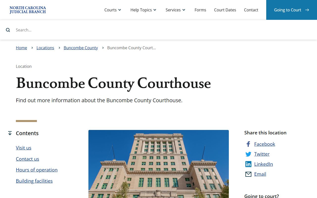 Buncombe County courthouse at 60 Court Plaza for court docket records in Asheville