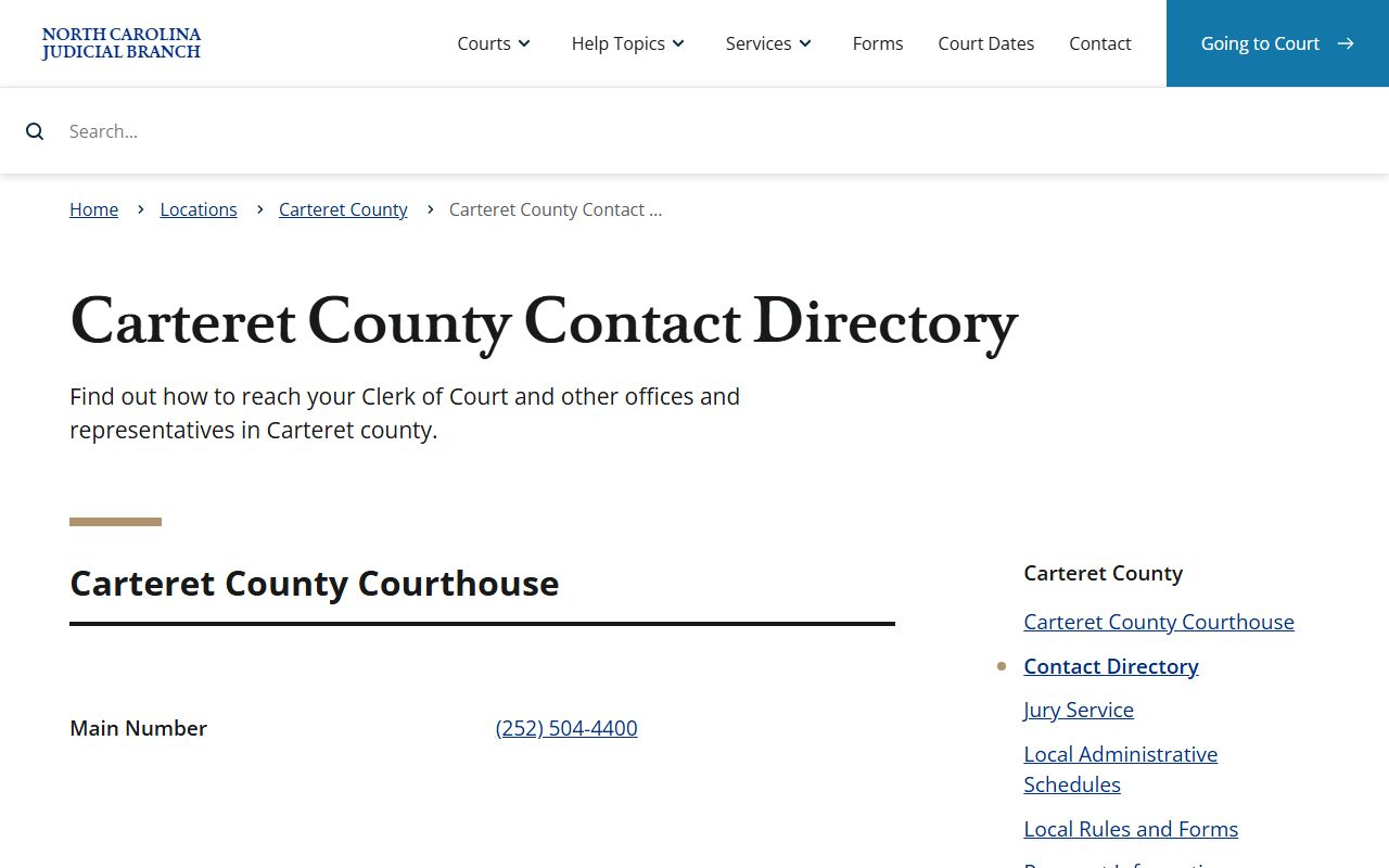 Carteret County clerk contact listing in the NC Courts directory