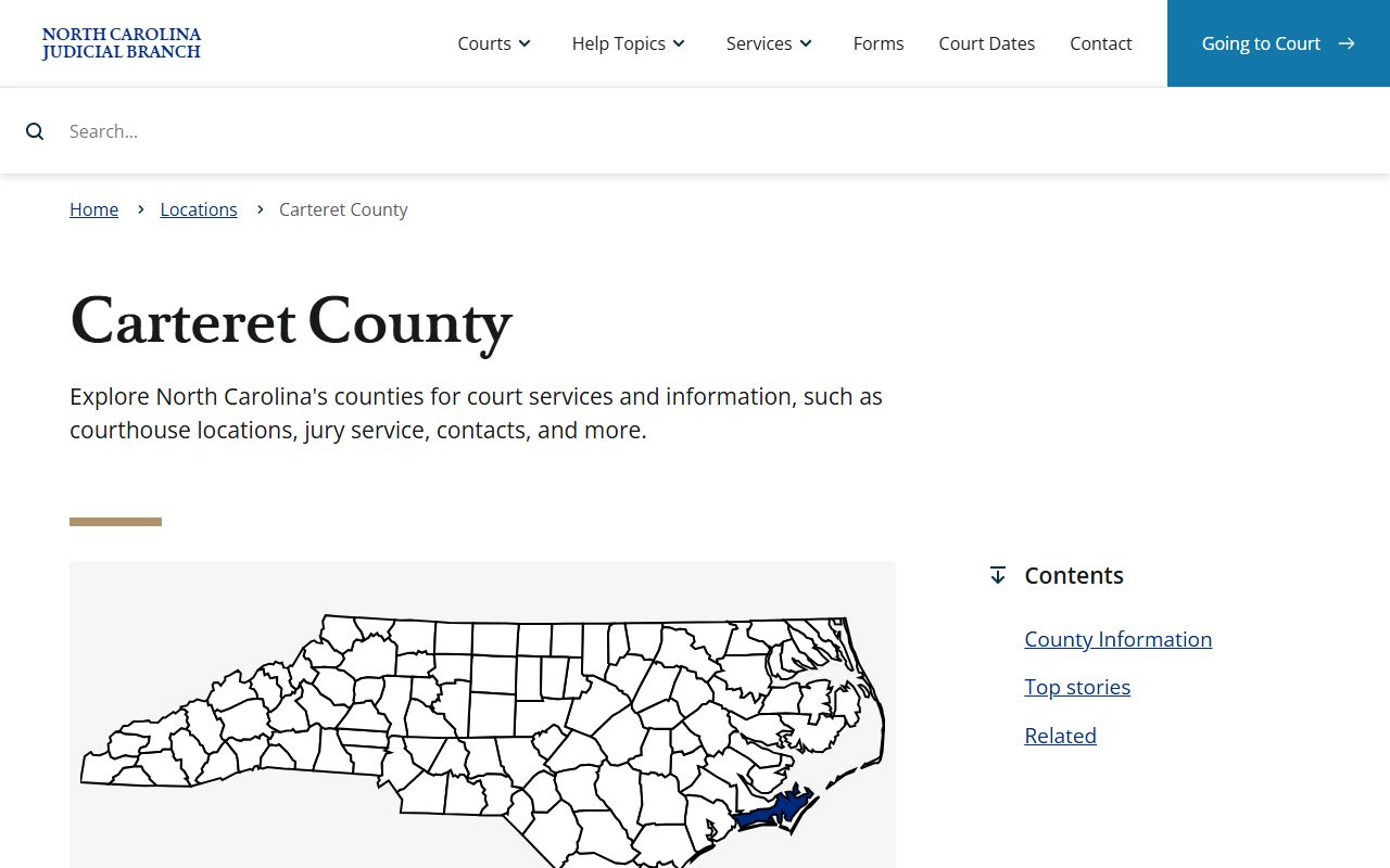 Carteret County court page showing court docket and clerk information