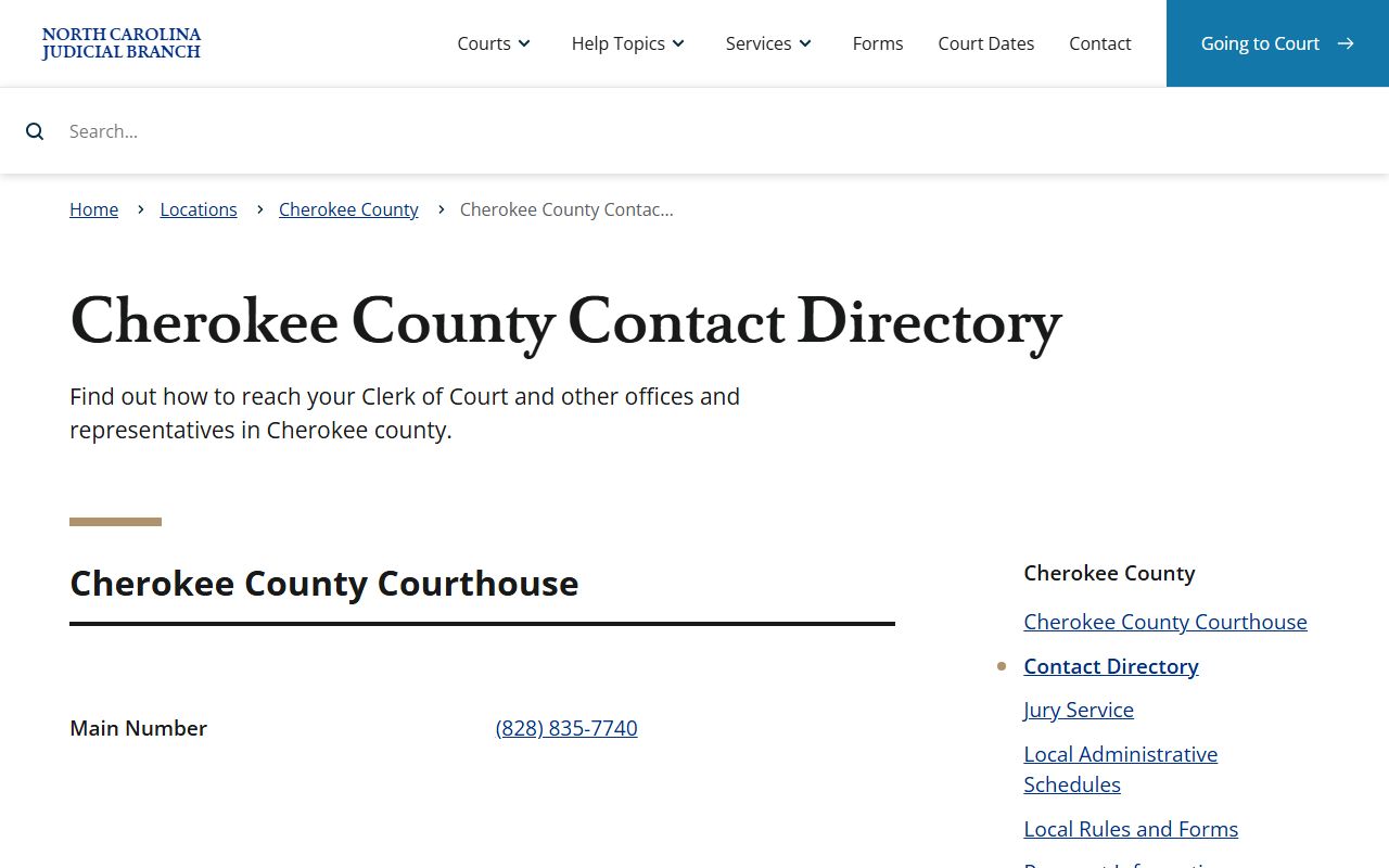 Cherokee County court clerk contact information in the NC Courts directory