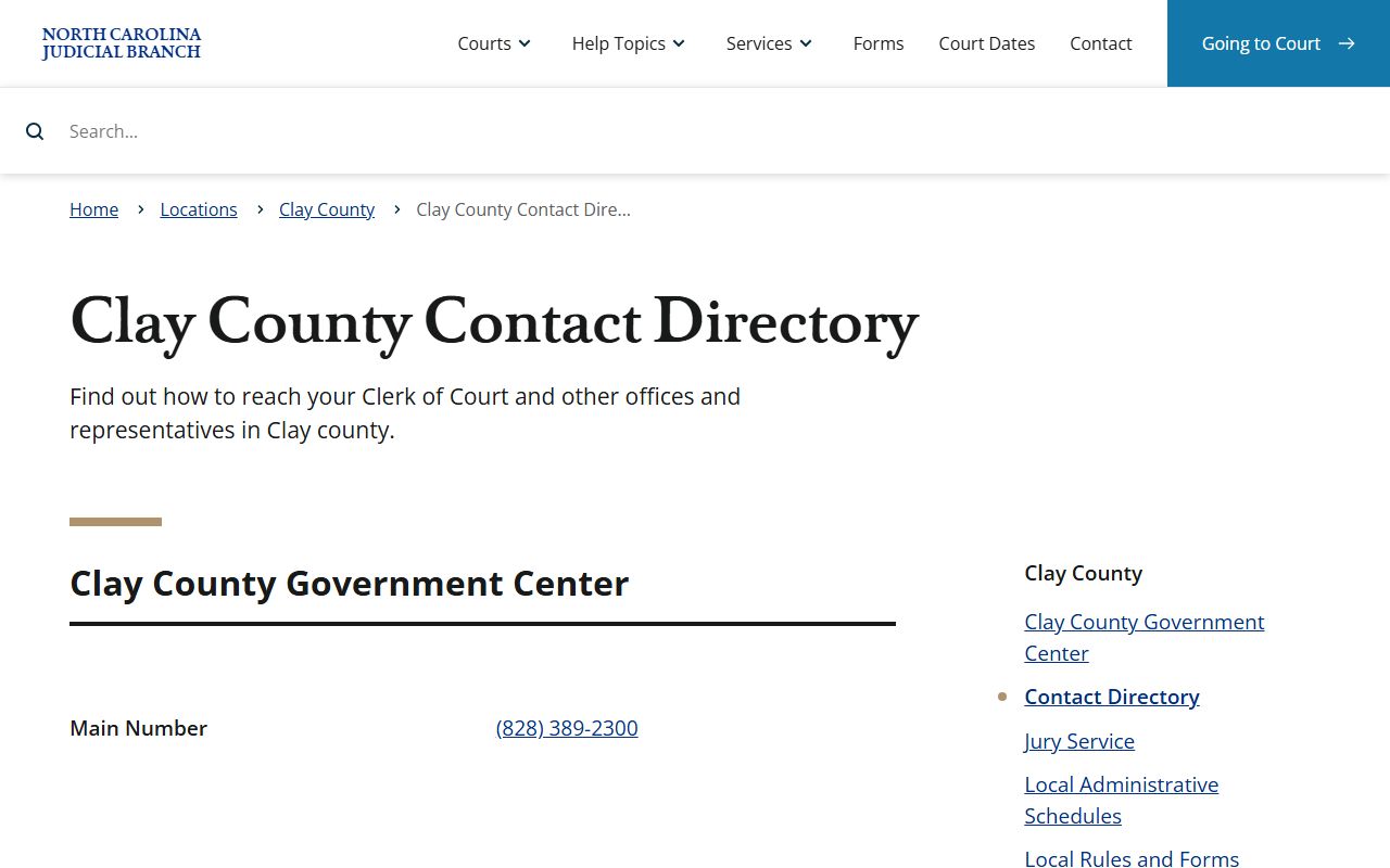 Clay County clerk contact details in the NC Courts directory