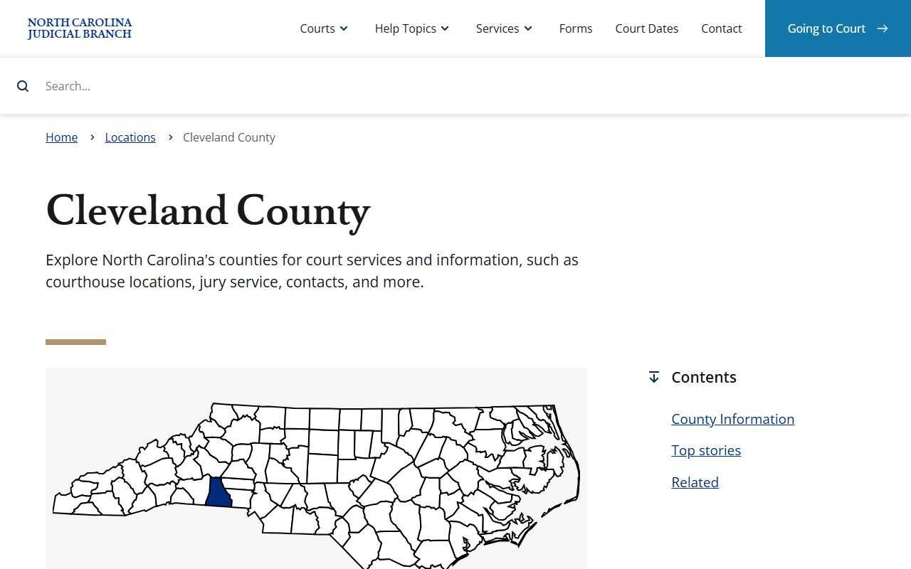 Cleveland County court page on the NC Courts website showing court docket services