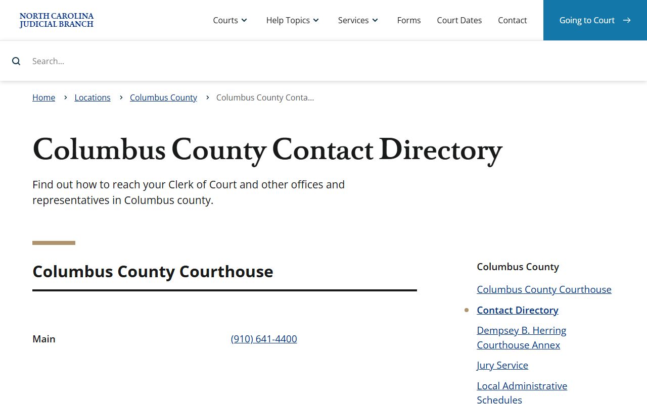 Columbus County clerk contact listing in the NC Courts directory