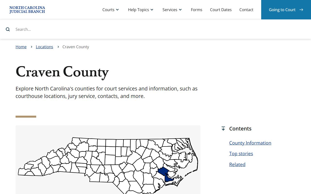 Craven County court page on the NC Courts website showing court docket services