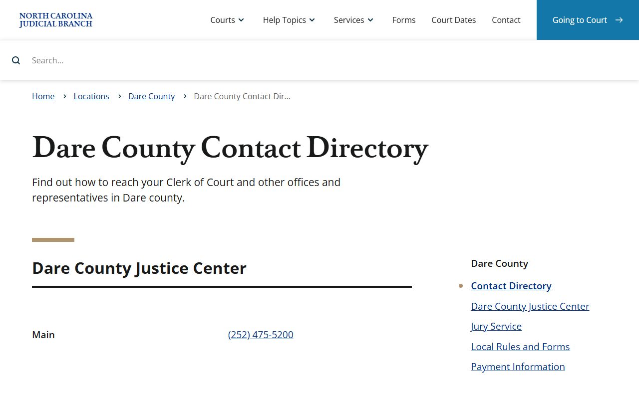 Dare County court docket contact directory for court office phone numbers