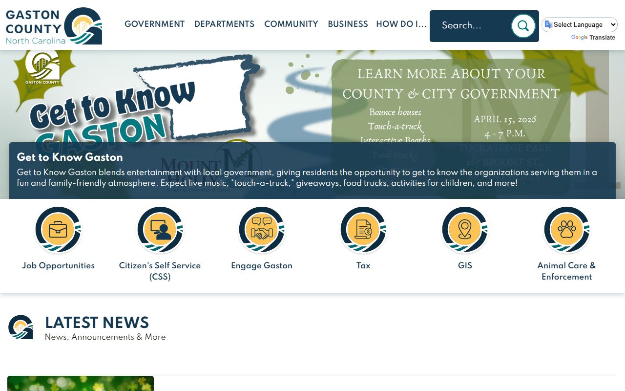 Gaston County government website homepage showing departments and services