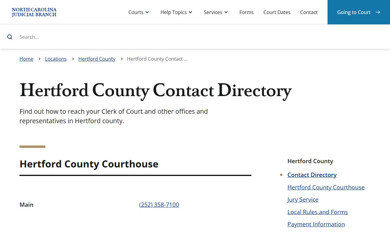 Hertford County court docket contact directory with clerk phone numbers