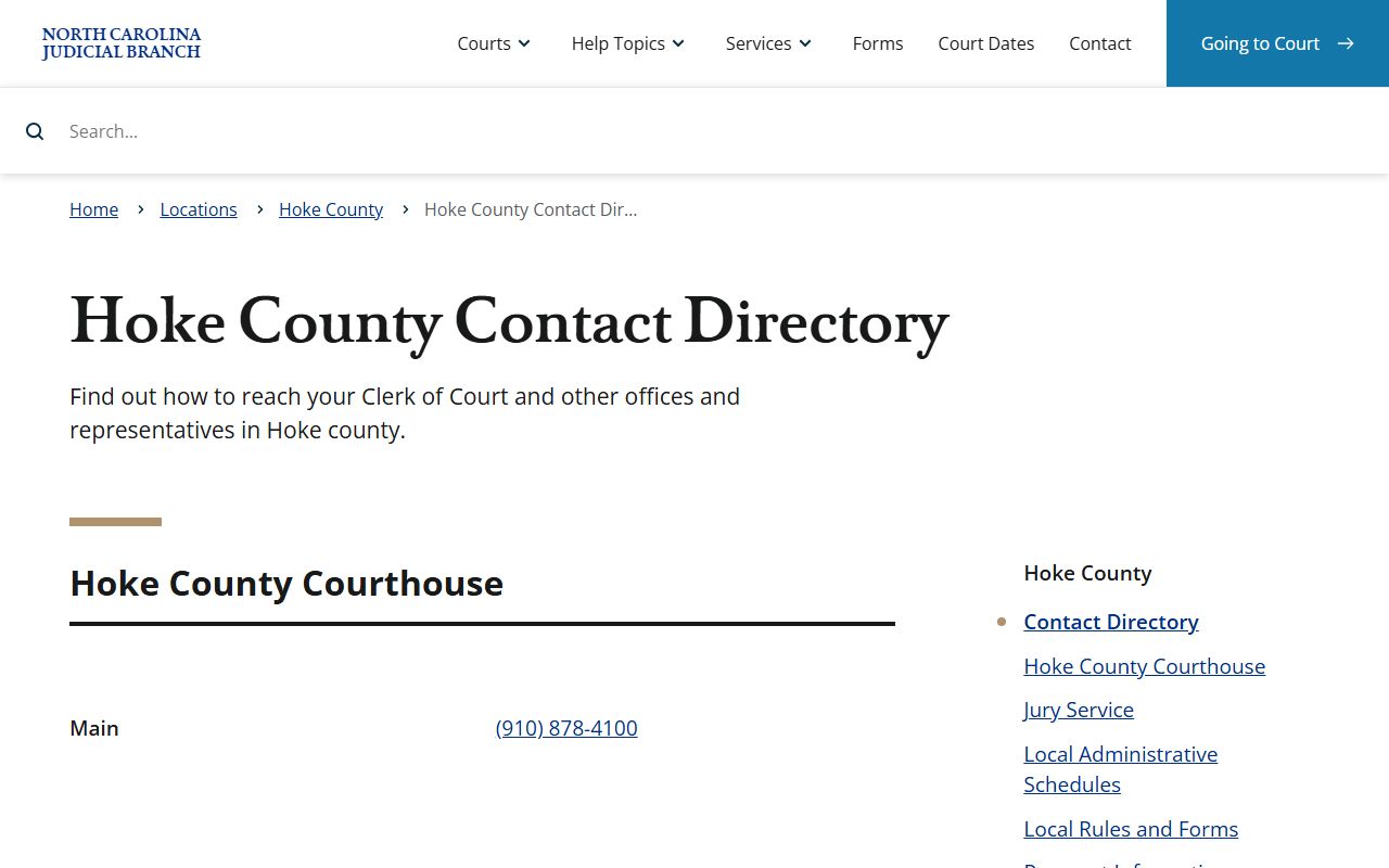 Hoke County court docket contact directory for clerk office and court divisions