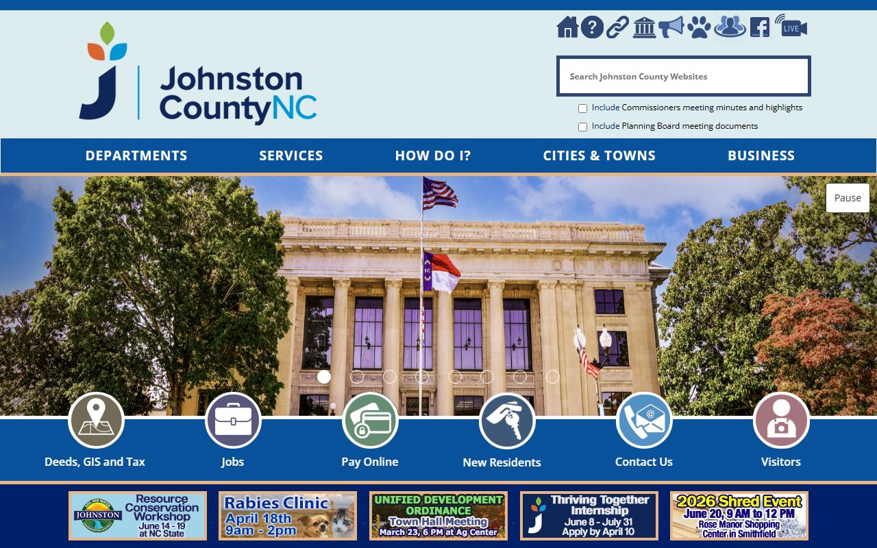 Johnston County government website with court docket and county information