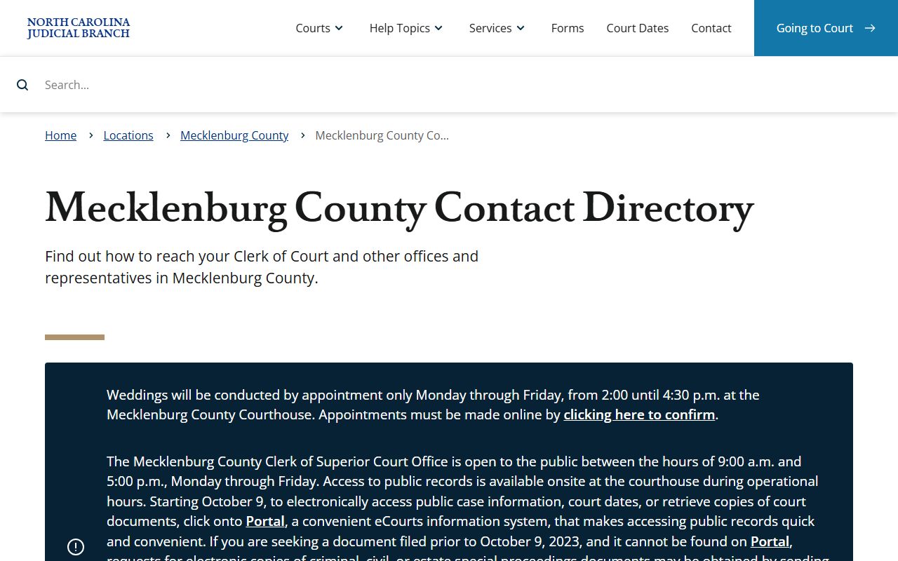 Mecklenburg County court docket contact directory for Charlotte court offices