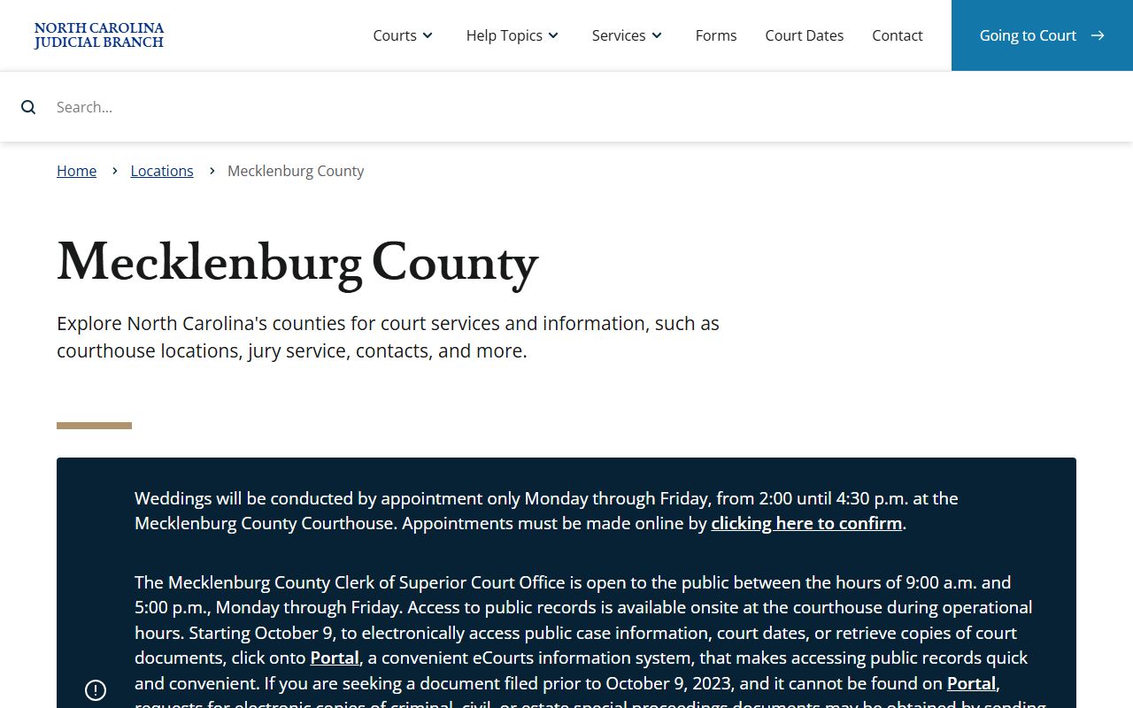 Mecklenburg County court docket page on the North Carolina Judicial Branch website