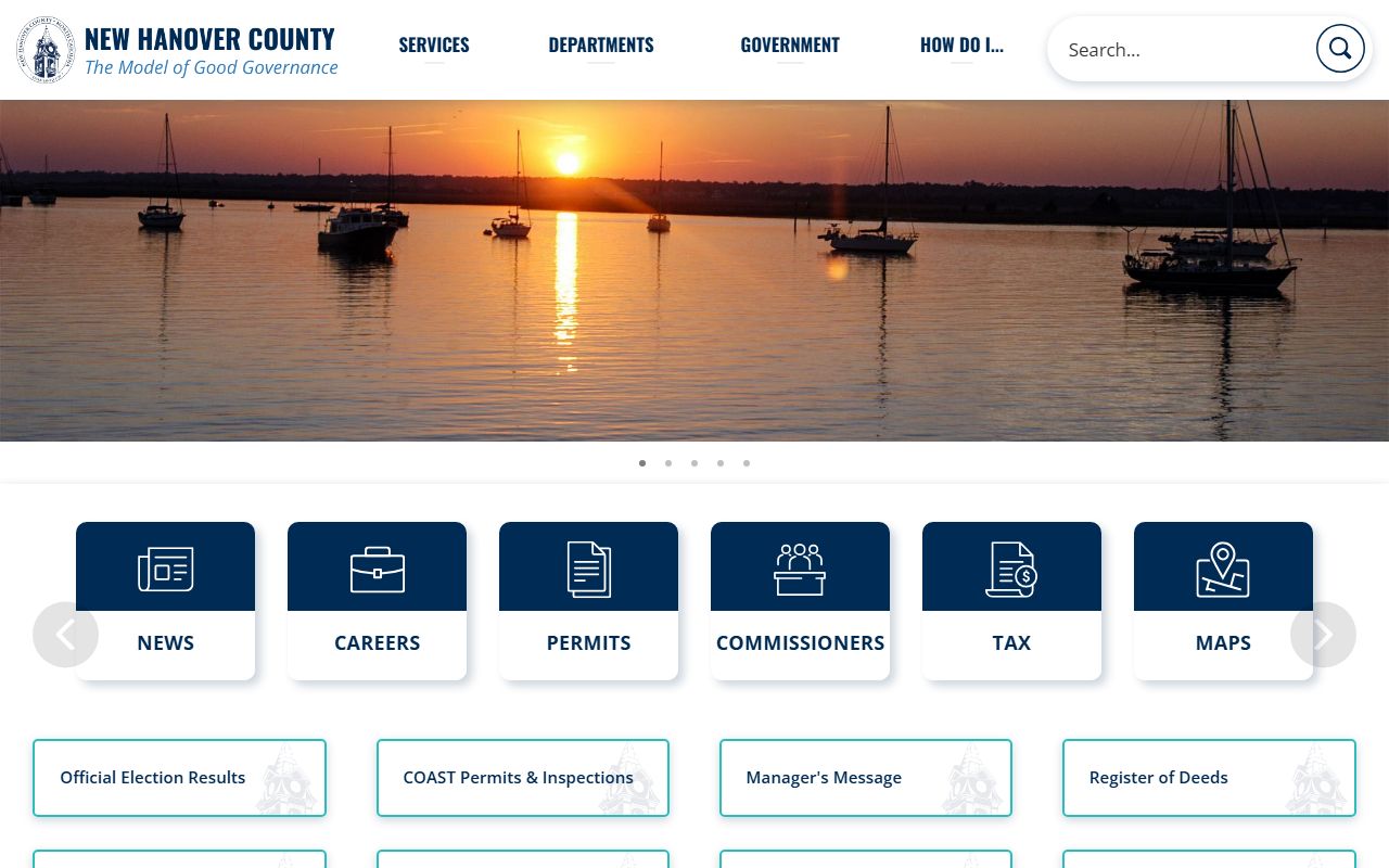 New Hanover County government website with links to court docket and public services in Wilmington