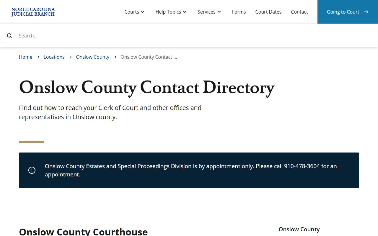 Onslow County court docket contact directory with phone numbers for court offices