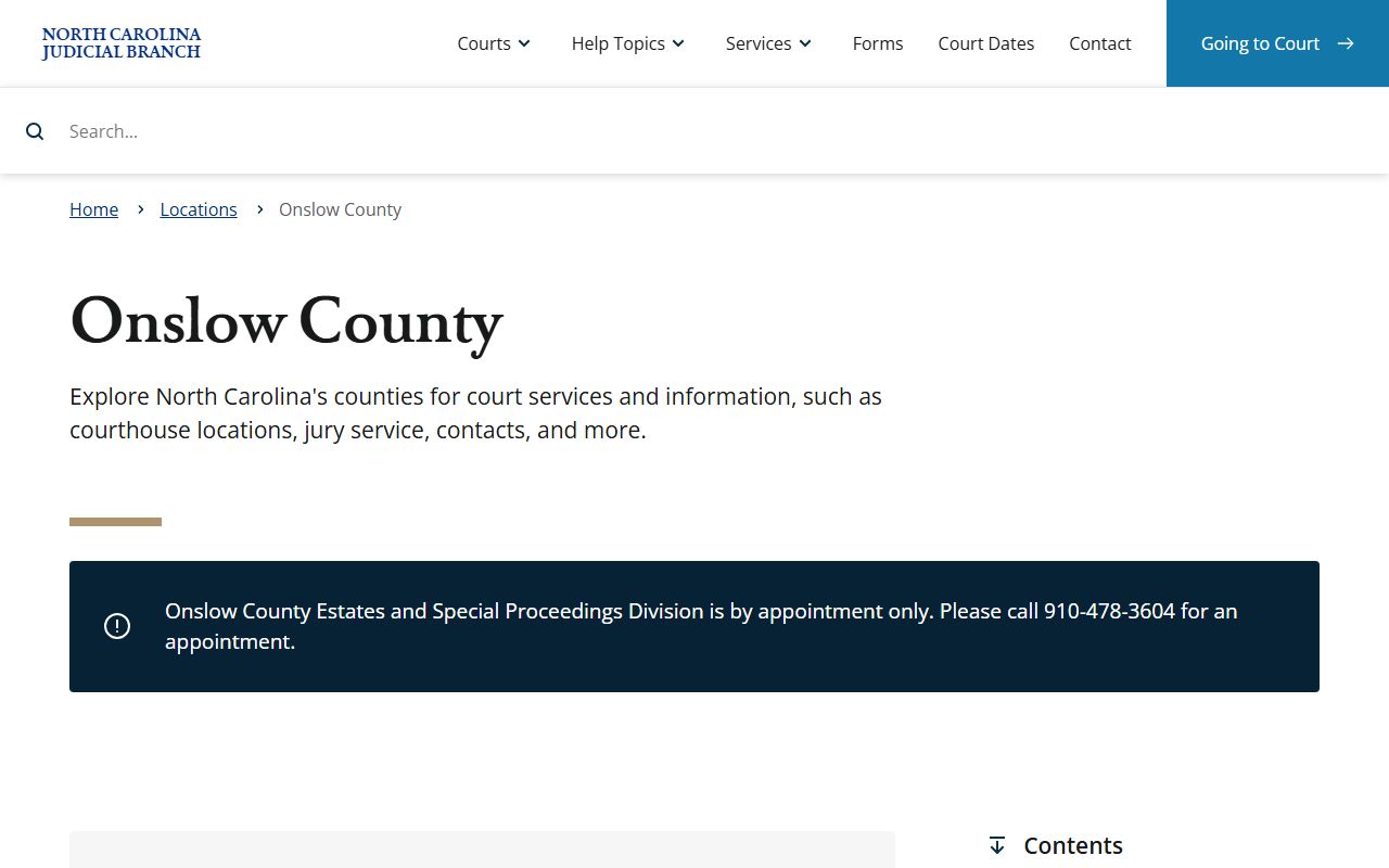 Onslow County court docket information page on the NC Judicial Branch website