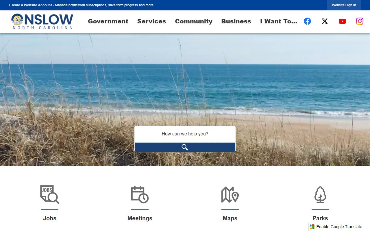 Onslow County government website with links to county services