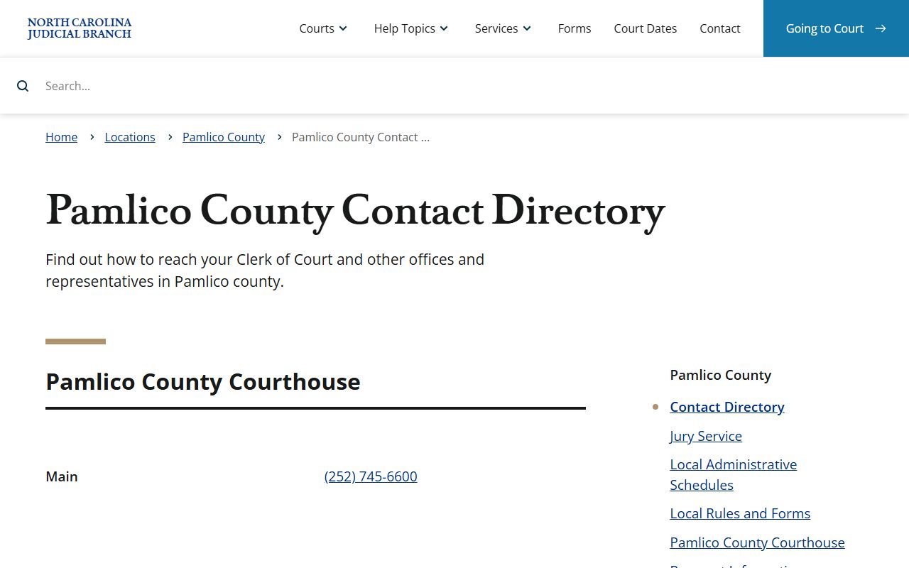 Pamlico County court docket contact directory listing clerk and court office phone numbers