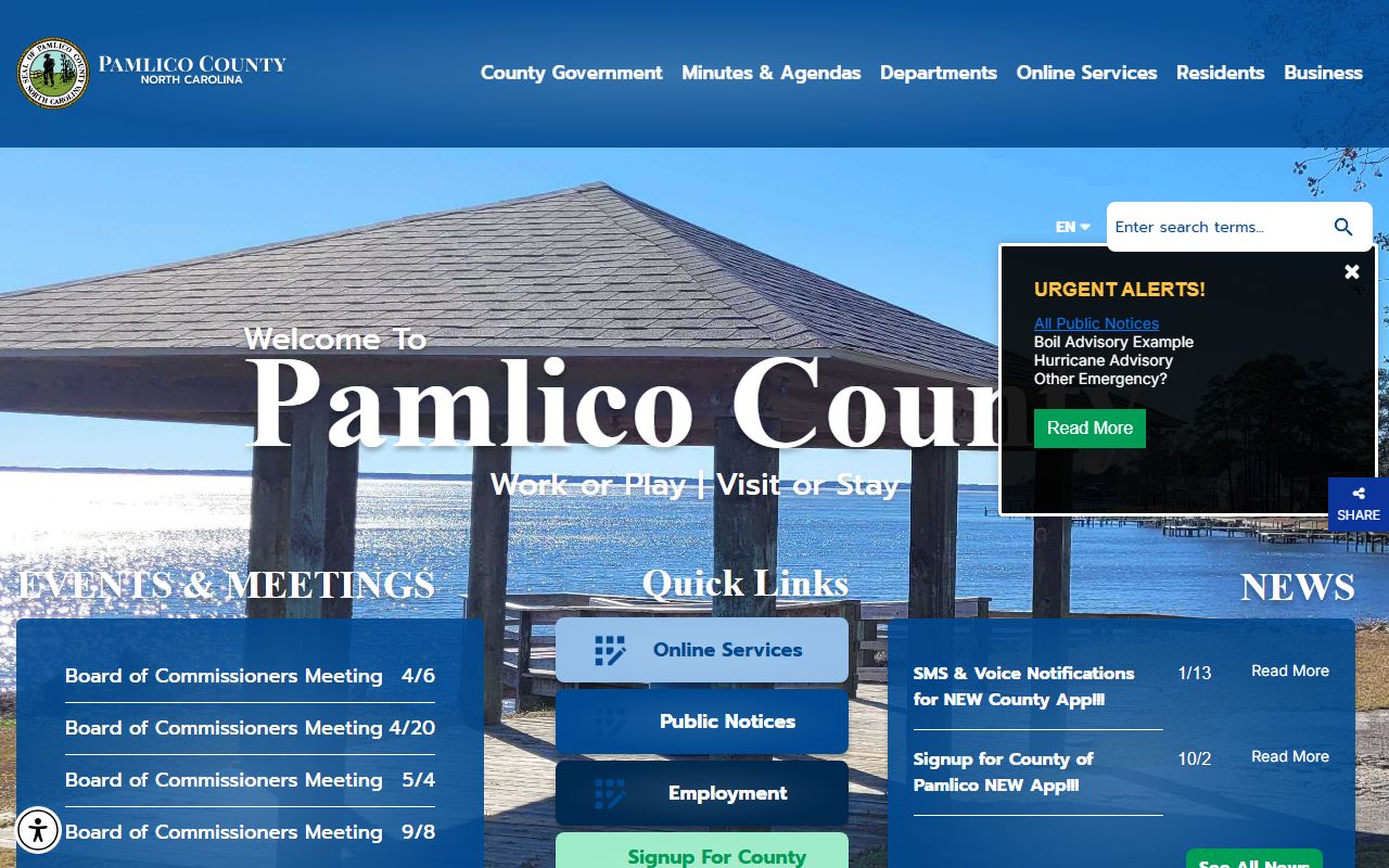 Pamlico County government website with links to local court and public services