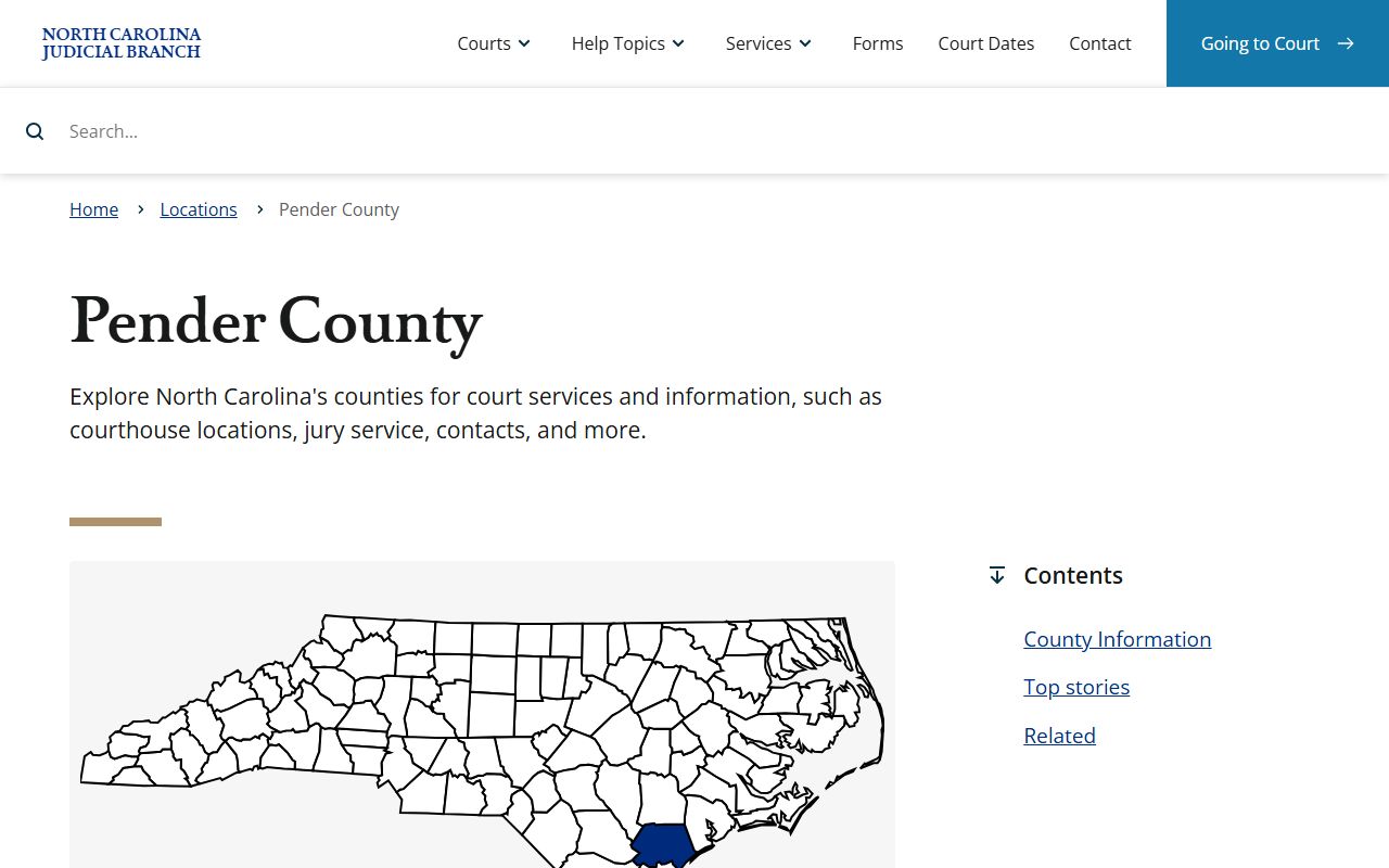 Pender County court location page on the NC Judicial Branch site