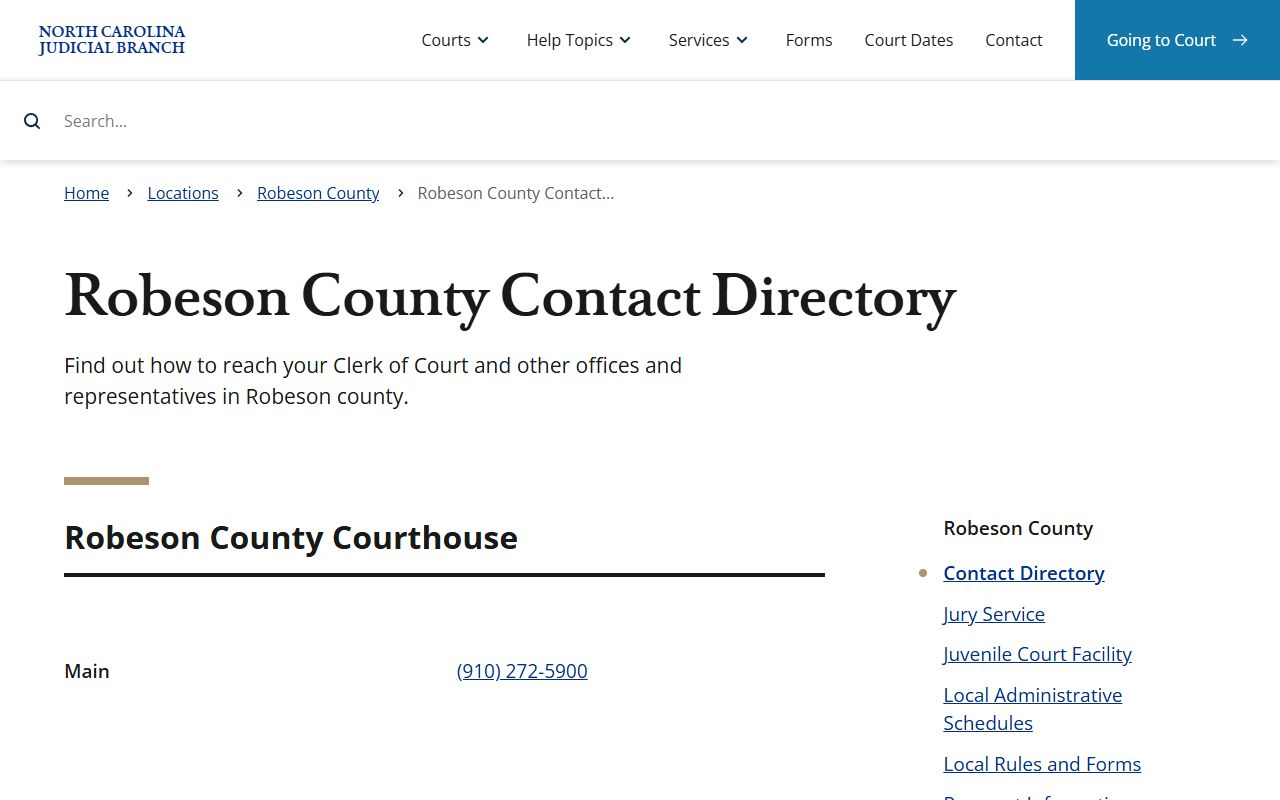 Robeson County court contact directory with office listings