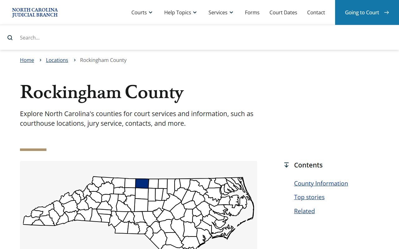 Rockingham County court docket page on the NC Judicial Branch website showing court details