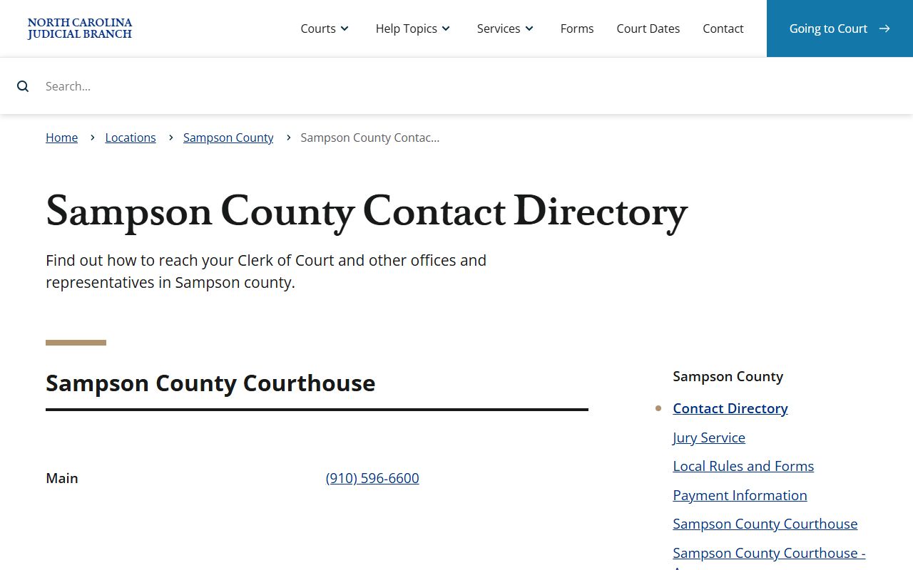 Sampson County court docket contact directory for clerk and court department phone numbers