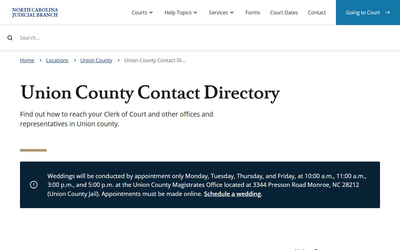 Union County court docket contact directory showing phone numbers for offices
