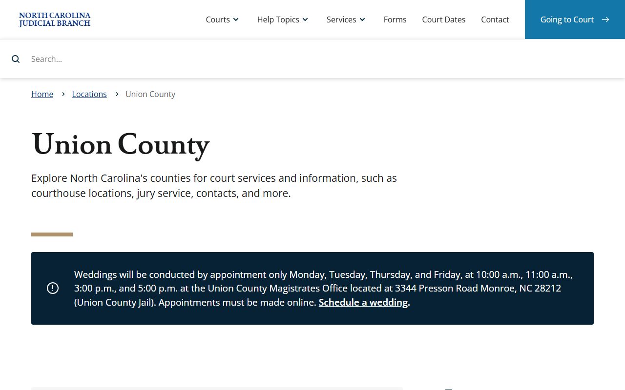 Union County court docket information page on the NC Judicial Branch website