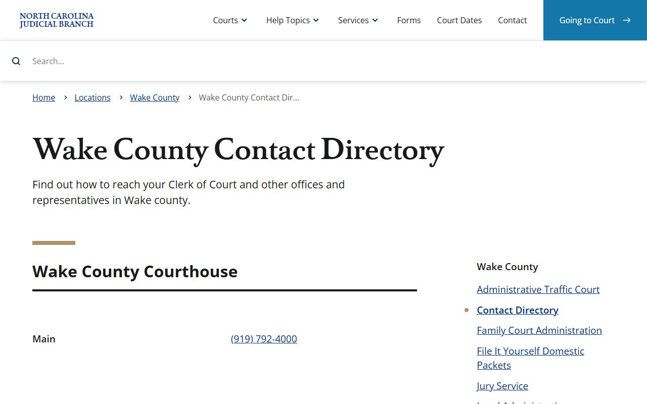 Wake County court docket contact directory with phone numbers for courthouse divisions
