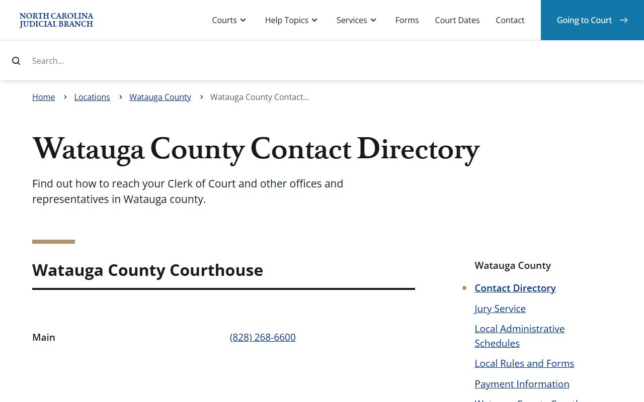 Watauga County court docket contact directory with phone numbers for clerk and court departments