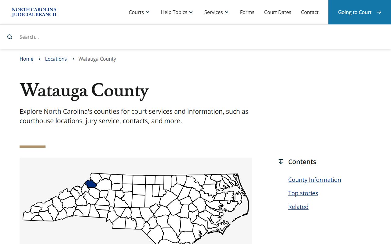 Watauga County court docket page on the NC Judicial Branch website with court details and hours