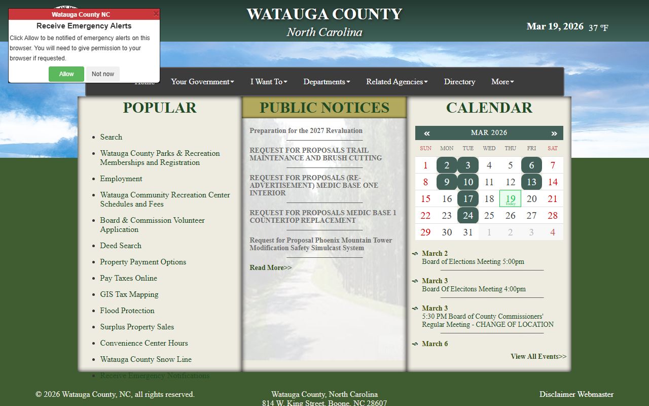 Watauga County government website showing departments and links to county services