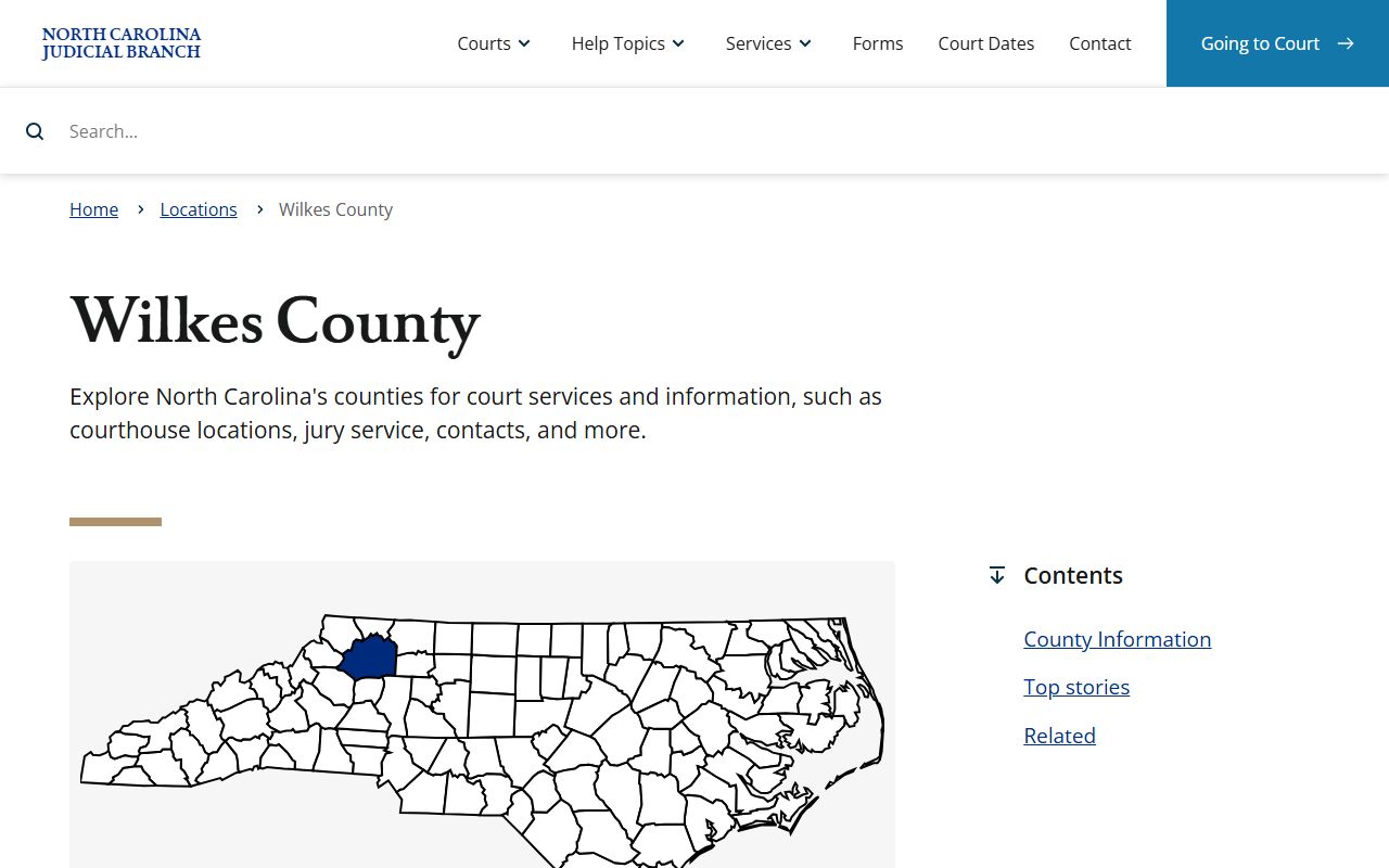 Wilkes County court docket page on the NC Judicial Branch website showing court services and location