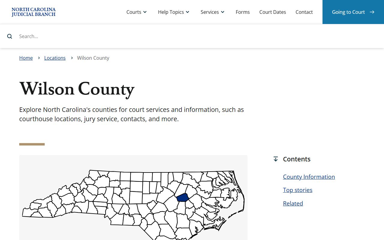 Wilson County court docket page on the NC Judicial Branch website with hours and court details
