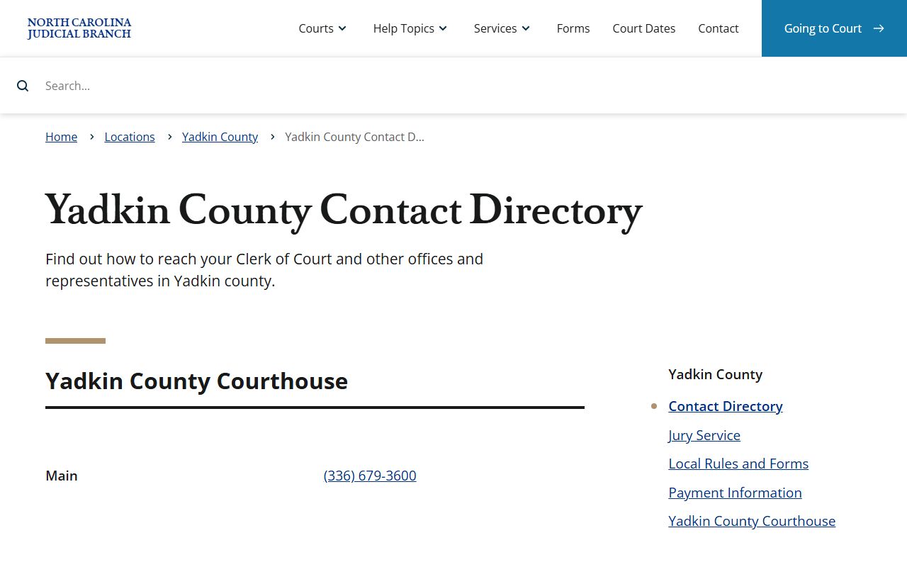 Yadkin County court docket contact directory listing phone numbers for clerk and court departments