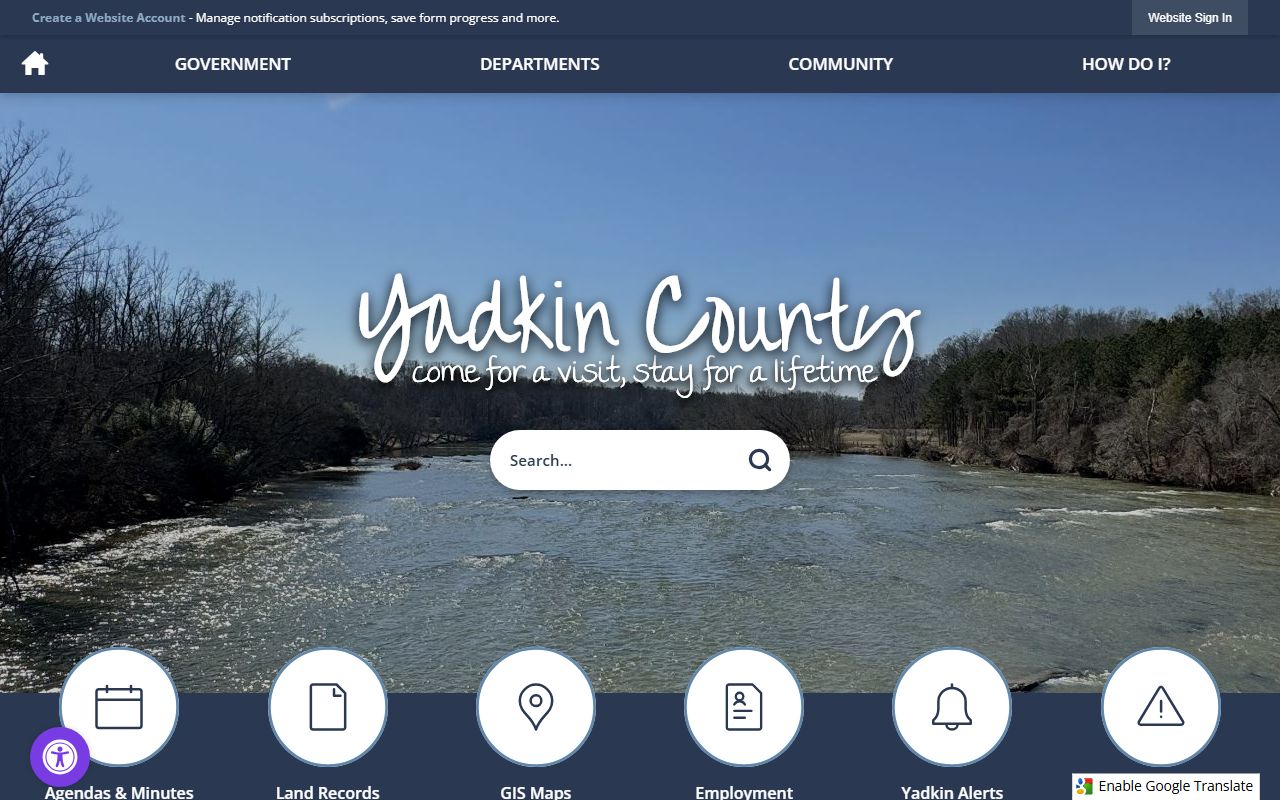 Yadkin County government website showing county departments and service links
