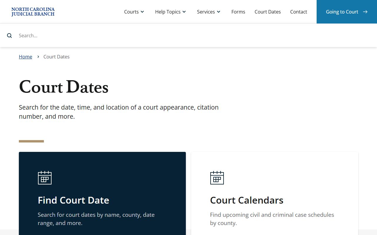 North Carolina court dates search page for court docket hearings