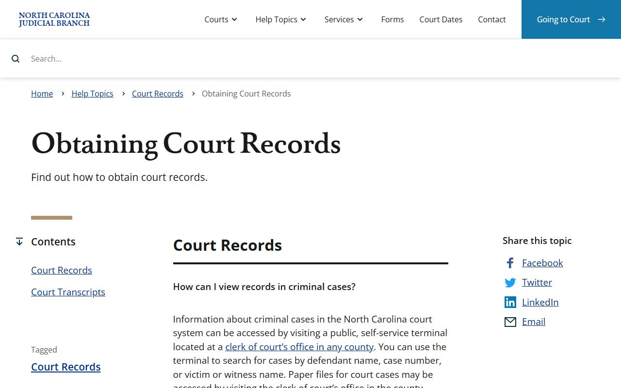 North Carolina court records help page for court docket access