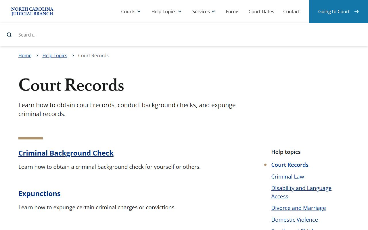 North Carolina court records help topics for court docket information