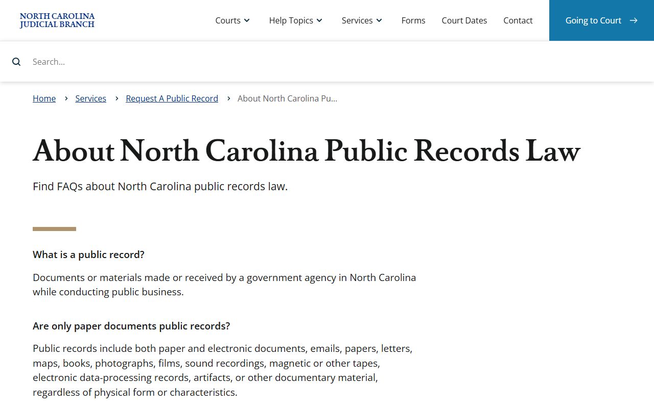 North Carolina court docket public records law FAQ page